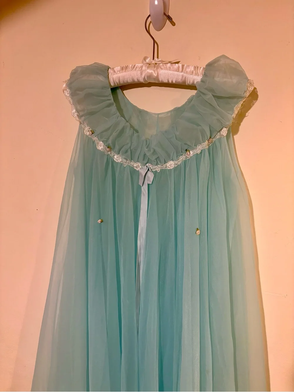 Vintage 1950’s Dreamy Light Aqua Tulle Nylon Chiffon Nightgown & Robe Set